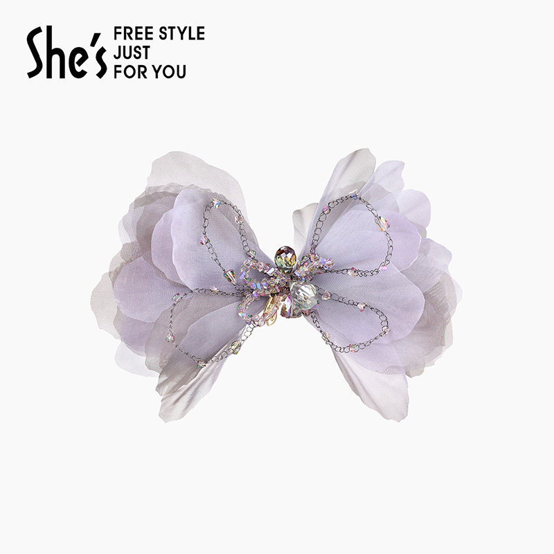 shes茜子莫奈印象工艺水晶浪漫薄纱蝴蝶结马尾半发夹高档盘发横夹