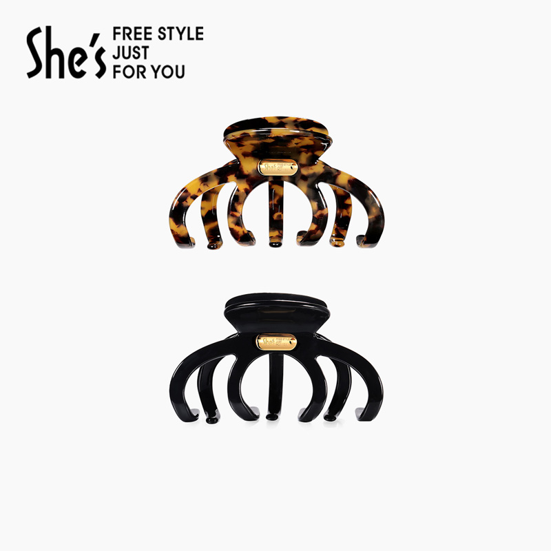 shes茜子轻简复古醋酸板材中号抓夹玳瑁黑色女发夹盘发鲨鱼夹