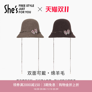 【新品】shes茜子秋冬新款绵羊毛渔夫帽显脸小帽子可拆卸防风绳