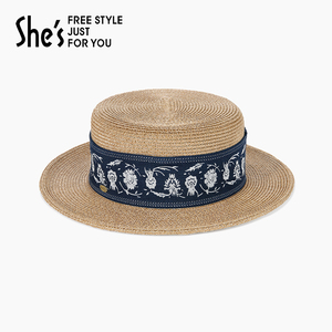 shes茜子波西米亚风度假防晒平沿太阳帽简约沙滩帽民族风平顶帽