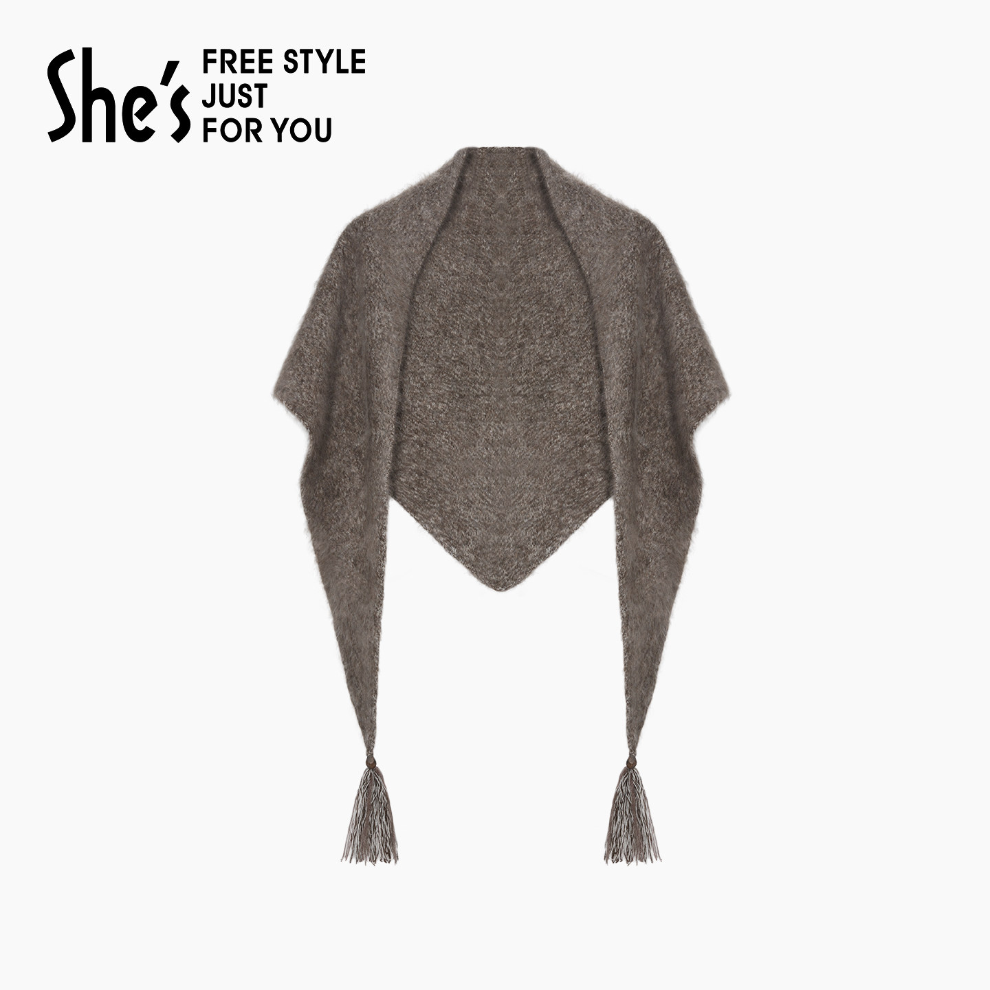 【新品】shes茜子秋冬新款棉羊毛披肩复古慵懒流苏系带斗篷围巾