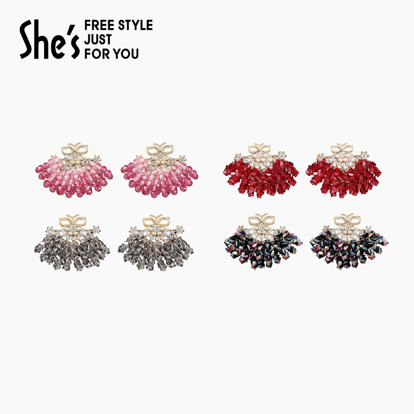 shes茜子耀我宣言闪耀工艺水晶渐变色扇形几何耳环925银耳钉耳饰,饰品/流行首饰/时尚饰品新,耳钉,淘宝优惠券,粉丝福利购,淘宝优惠卷