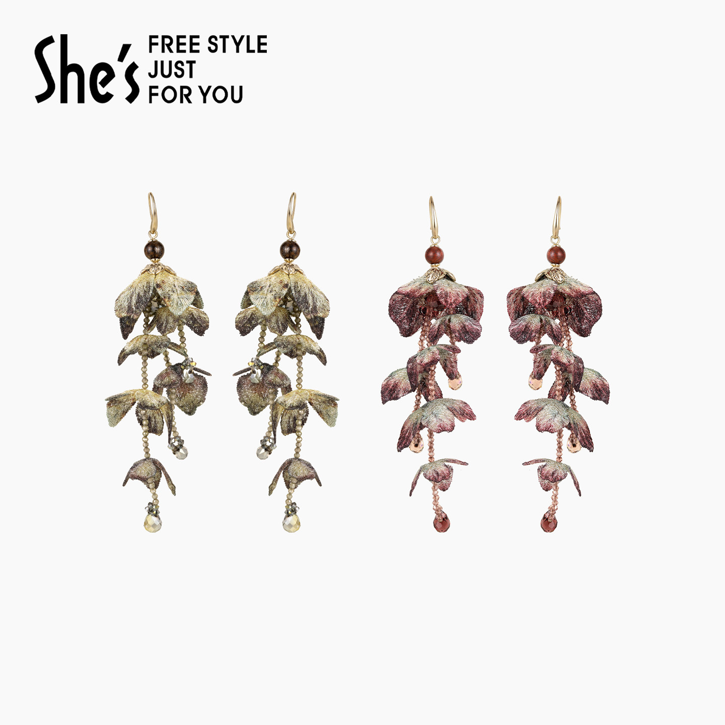 shes茜子重工刺绣花朵流苏耳环