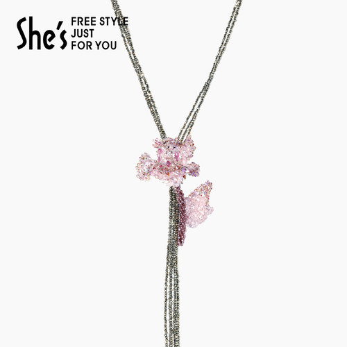 shes茜子璀璨编织花朵长款毛衣链