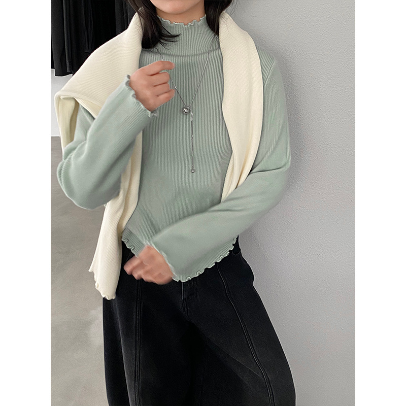 针织半高领木耳边打底衫