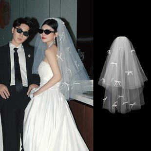 2024年韩式 新娘粉色蝴蝶结头纱森系超仙蓬蓬纱主婚纱领证拍照头饰