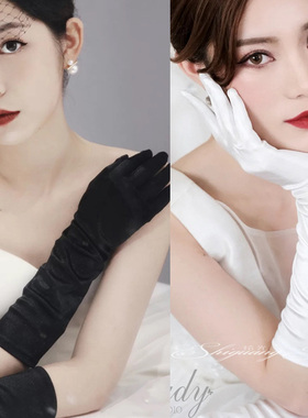 黑色弹力缎面多色手套包手指晚宴手套新娘婚纱礼服婚礼派对长手套