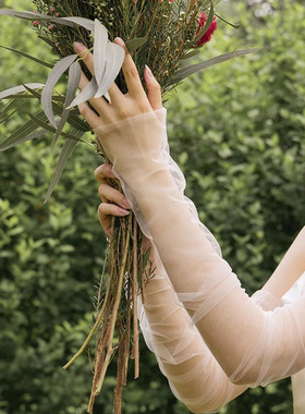 简约白色薄纱新娘婚纱手套加长款网纱手袖晚宴夏透明显瘦婚纱韩版