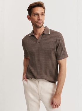 澳洲CR高级商务休闲男装 奢华面料 棉真丝翻领开领短袖针织POLO衫