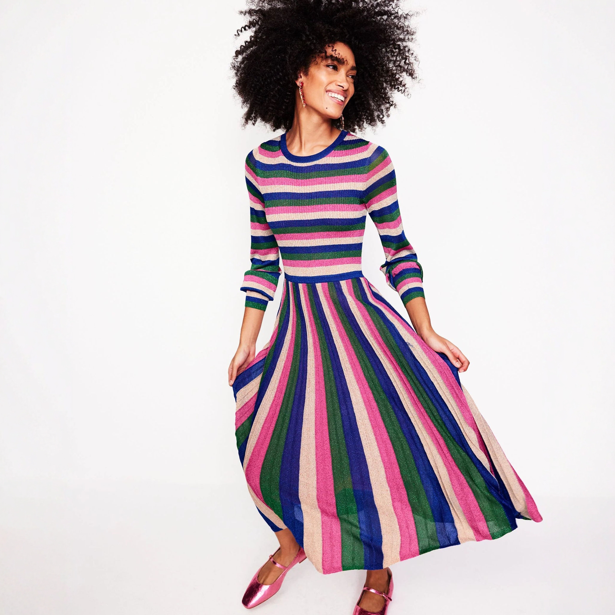 英国BD彩条圆领长袖针织连衣长裙