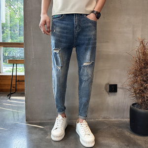 2025春季 社会小伙九分牛仔裤男潮牌破洞复古修身弹力小脚909P65,男装牛仔裤,星座1102