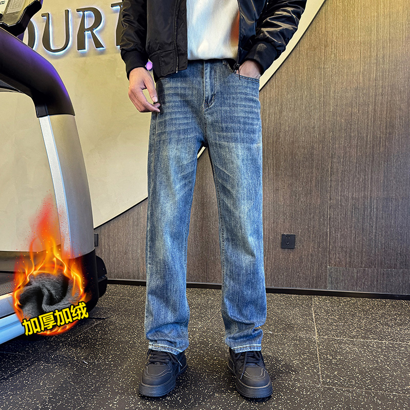 加绒加厚美式弹力微宽松窄版直筒简约百搭牛仔裤男6606P55加绒65，男装牛仔裤，星座1102