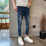 夏季新款水洗修身牛仔裤男士流行时尚休闲破洞小脚九分裤潮912P65，男装牛仔裤，星座1102