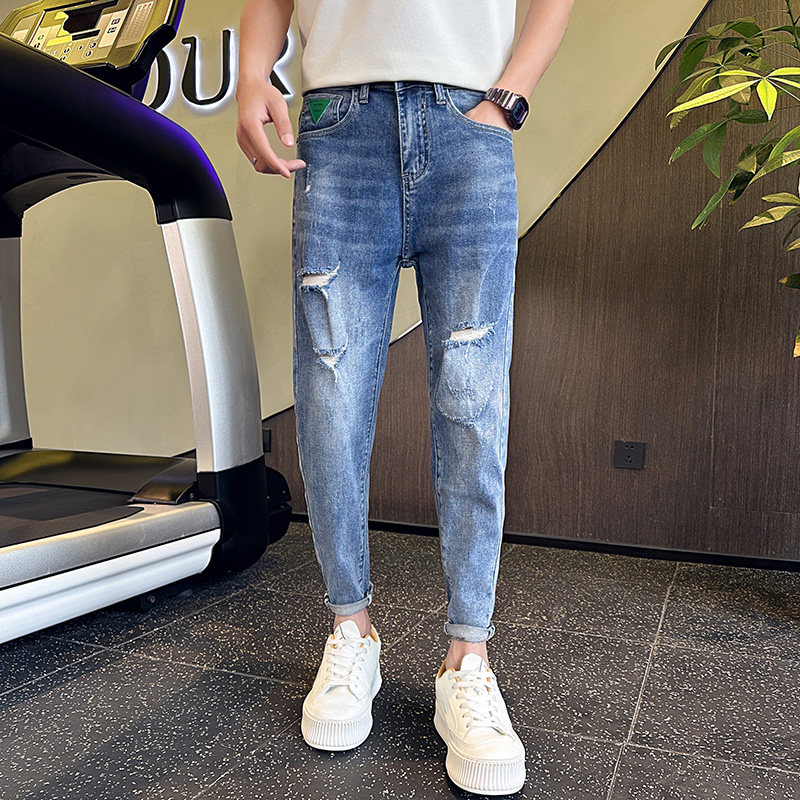 常年做九分牛仔裤男修身弹力复古破洞韩版休闲小脚裤子909P65，男装牛仔裤，星座1102