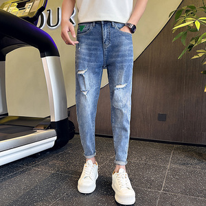 常年做 九分牛仔裤男修身弹力复古破洞韩版休闲小脚裤子909P65,男装牛仔裤,星座1102