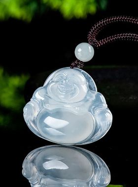纯天然A货翡翠玉白色佛公项链笑佛弥勒佛缅甸玉冰种玉石高级礼物