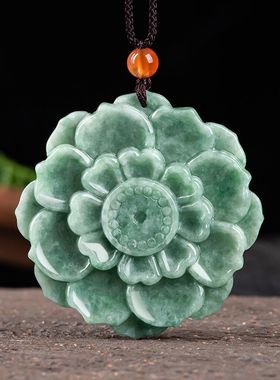 纯天然翡翠玉A货荷花项链莲花玉石挂件花件女款毛衣链礼物新款