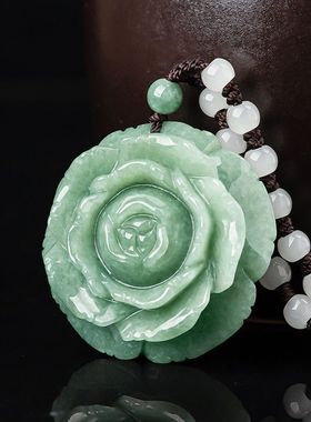 纯天然A货翡翠玉牡丹花朵项链正品玉石毛衣链女款玉佩饰品新款潮