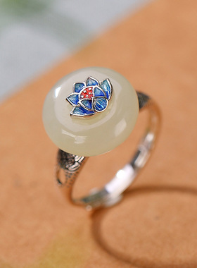 925纯银天然和田玉景泰蓝莲花国潮古典风戒指复古个性指环新款