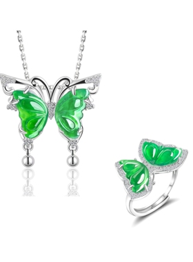 925纯银天然翡翠玉A货阳绿蝴蝶项链正品玉石戒指女款时尚饰品礼物