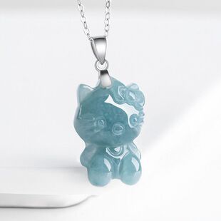925纯银天然翡翠玉A货卡通猫项链hello kitty猫玉石女款可爱礼物