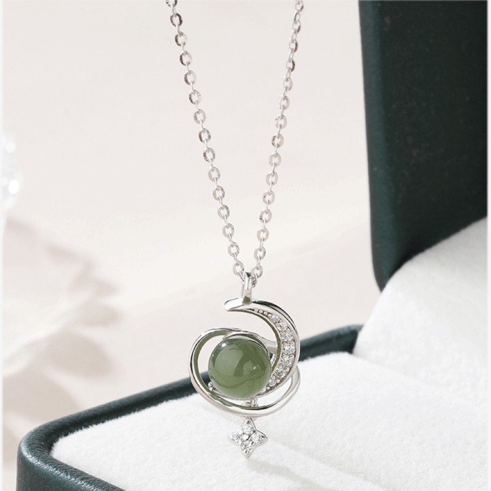 925纯银天然和田玉圆珠月亮星球项链女时尚玉石高级轻奢送礼物