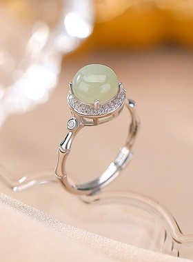 925纯银天然和田玉晴水玉圆形戒指复古新中式竹节气质百搭指环