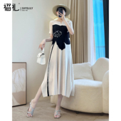 妈妈夏装 小众长裙胖mm显瘦大码 三宅高端气质黑色连衣裙新款 女短袖