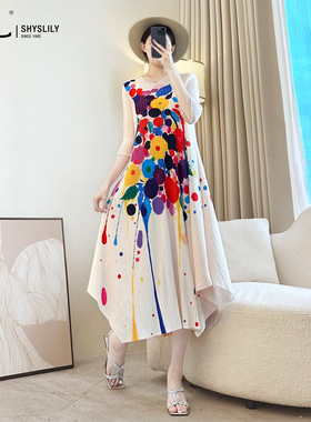 褶皱高弹修身显瘦高级感撞色三宅连衣裙女2025夏新款宽松印花长裙