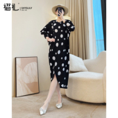 复古波点印花三宅长裙大码 气质褶皱连衣裙女春秋季 新款 显瘦小黑裙