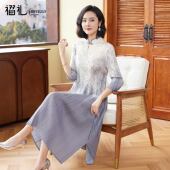 三宅褶皱新中式 减龄国风旗袍盘扣长裙大码 洋气妈妈连衣裙春季 新款