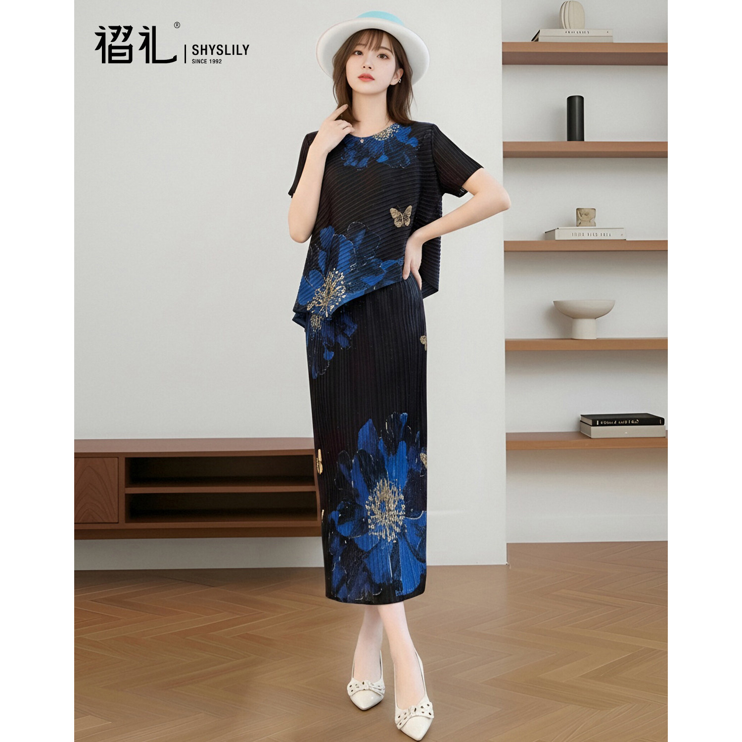 妈妈高端新中式黑色套装裙女夏季短袖褶皱弹簧上衣服三宅新款半裙