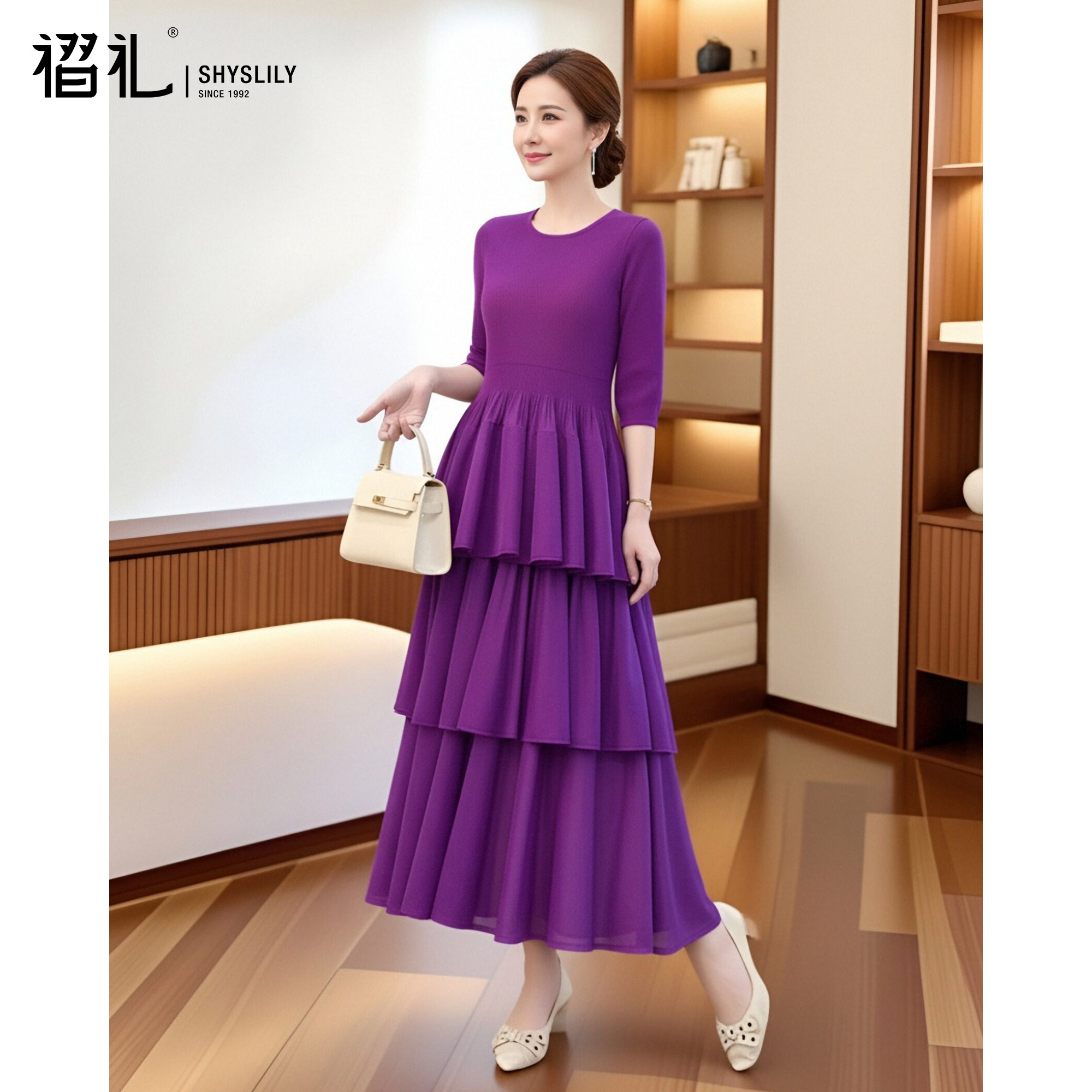 紫色连衣裙妈妈春装新款2026三宅气质女装网纱蛋糕裙显瘦褶皱长裙