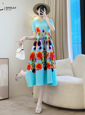 三宅印花褶皱连衣裙夏季新款duangduang裙优雅妈妈衣服气质蛋糕裙