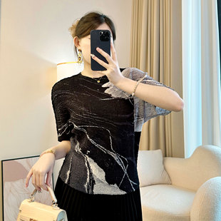 三宅修身显瘦内搭打底衫短袖女t恤夏季薄款时尚印花大码黑色上衣