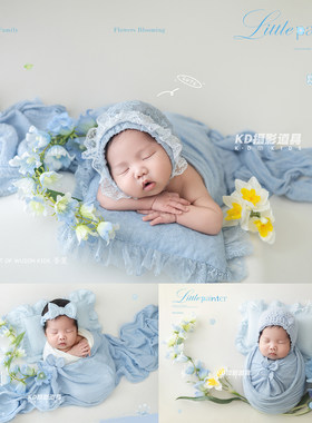 蓝色包裹新生的儿照婴儿摄影裹布主题影楼儿童摄影帽子头饰KD道具