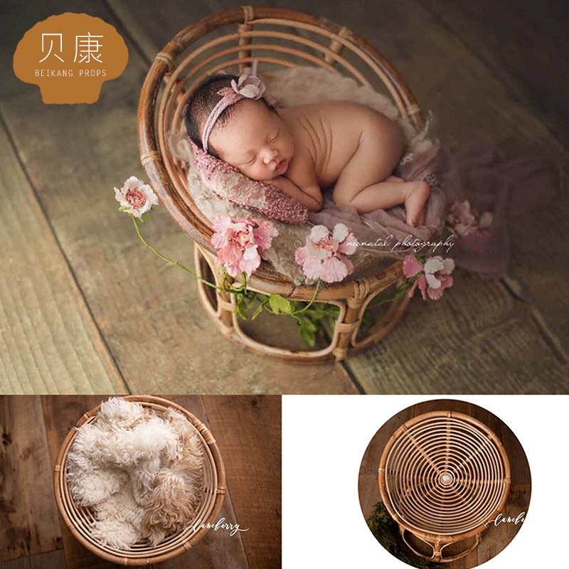 影楼道具新生儿趴躺容器筐 婴儿宝宝拍照藤条编篮筐小床辅助ins框