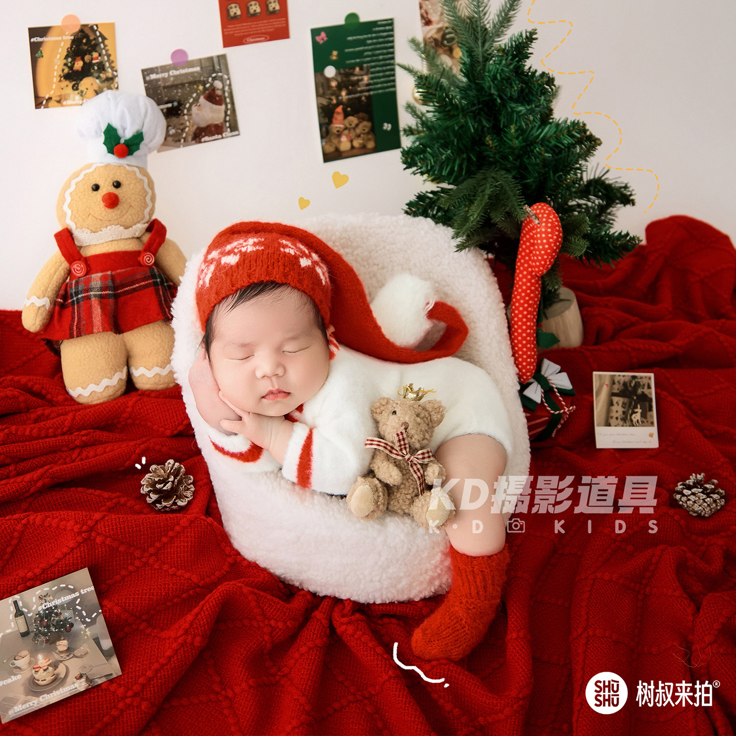 圣诞红色帽子新生儿摄影主题套装可爱婴儿月子照写真服装拍照道具