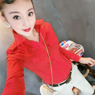 女长袖 红色衬衫 纯色过年红小衫 修身 2023春季 弹力方领红打底衫 新款