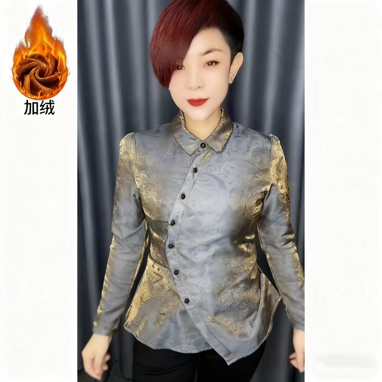 重工流光锦提花气质衬衫女士秋冬季新款斜拼纽扣设计收腰显瘦衬衣