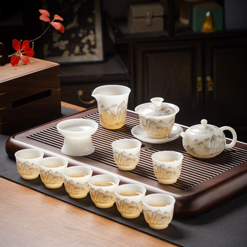 高档璞玉冰种玉瓷茶具套装家用轻奢羊脂玉白瓷泡茶壶功夫盖碗礼品