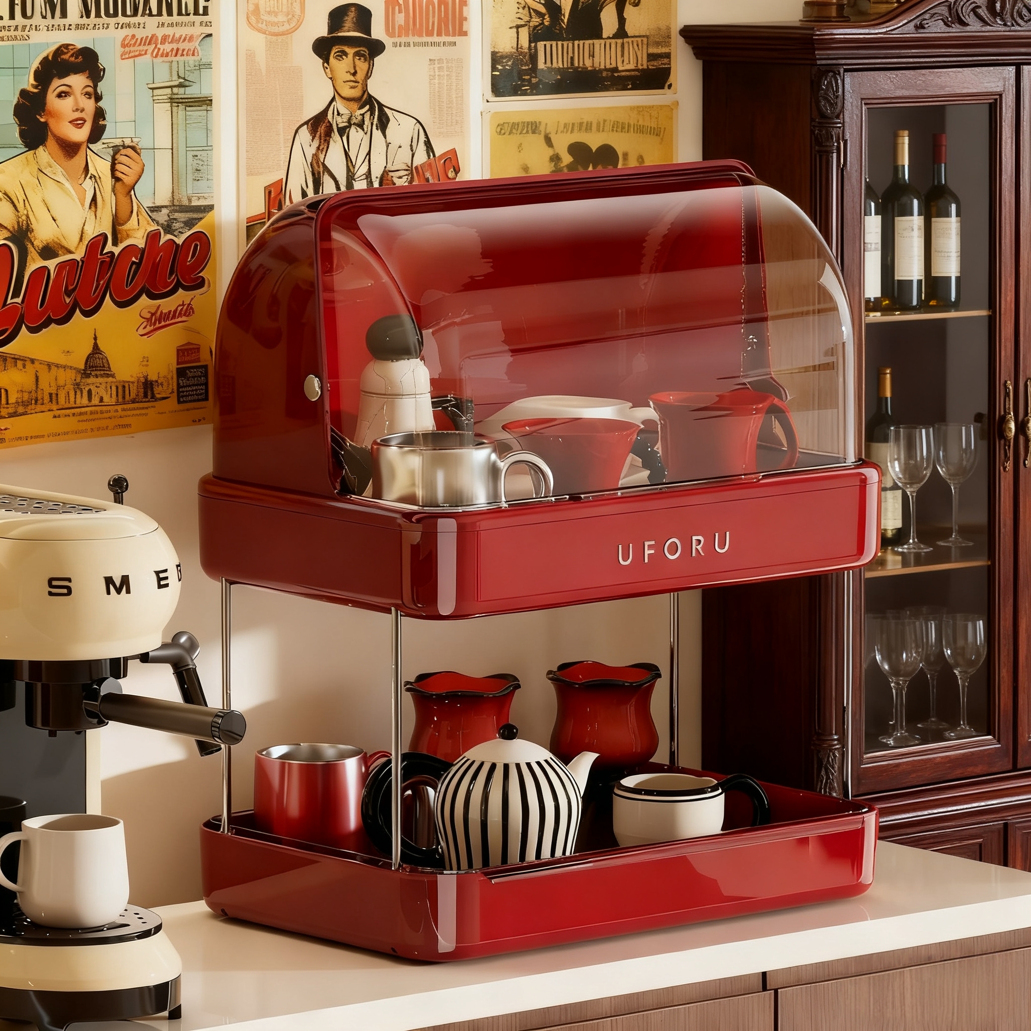 中古风双层防尘杯架收纳置物架