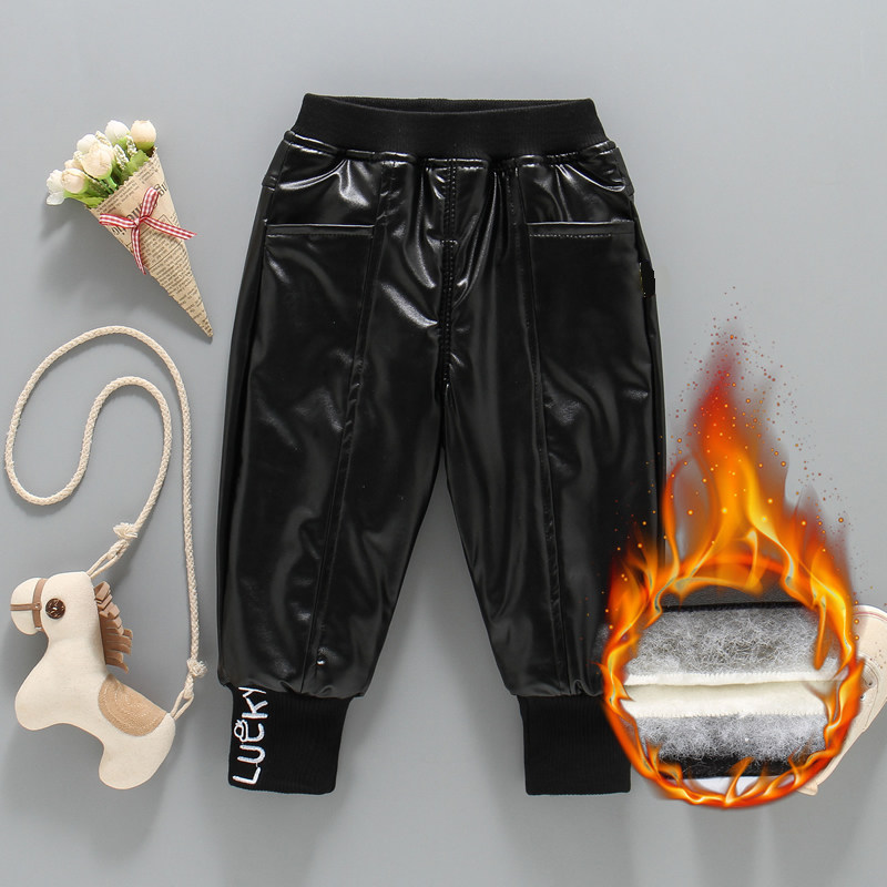 一条过冬儿童皮裤加绒加厚保暖棉裤男女童冬季外穿长裤黑色松紧腰