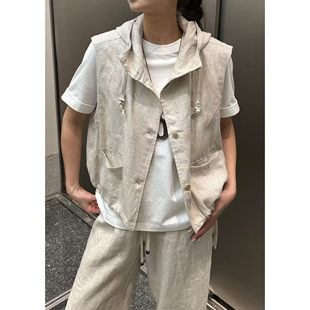 静雅家正品2026春夏新款亚麻连帽宽松休闲百搭马甲外套女