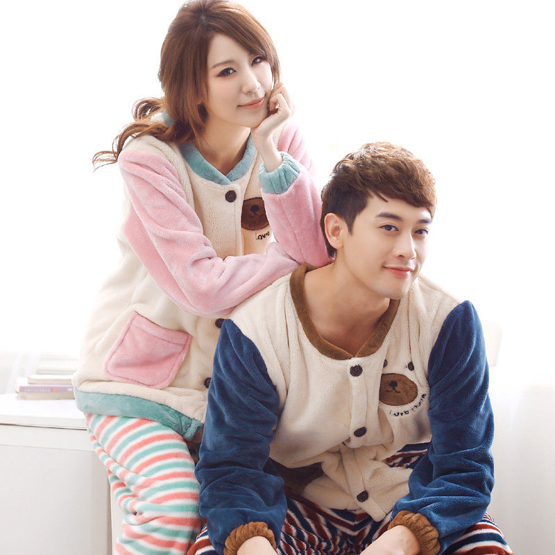 冬季情侣睡衣珊瑚绒睡衣女加厚法兰绒女男长袖家居服女大码套装