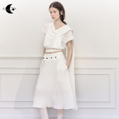 创世纪元 小众不撞款 垂绪漫风 荡领上衣手工缝线A字裙两件套装