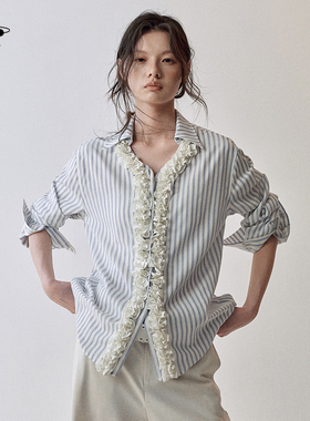 创世纪元 【领边絮语】2026早春上衣立体花边门襟条纹宽松衬衫女