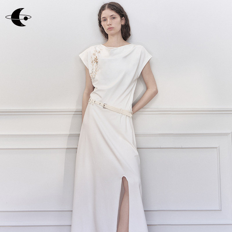 创世纪元【碎星织雾】重工珠片绣连衣裙法式荡领气质裙子白色长裙