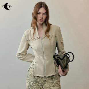 创世纪元【绒绳织序】双色拼接麂皮穿绳立领修身卫衣女款2025新款