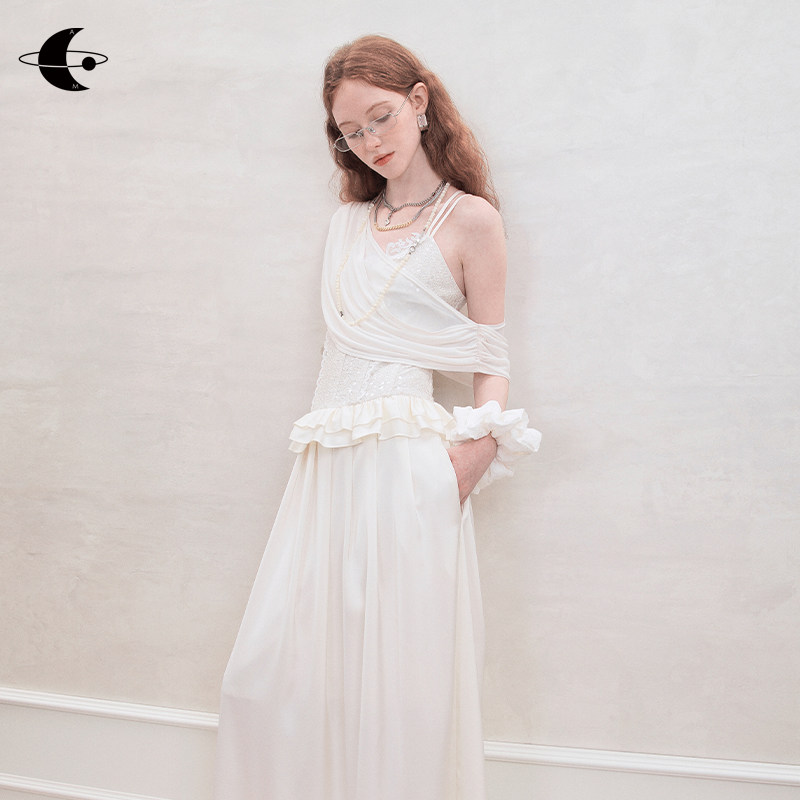 创世纪元【亮片跃升】法式吊带连衣裙女秋季仿醋酸蕾丝缎面长裙